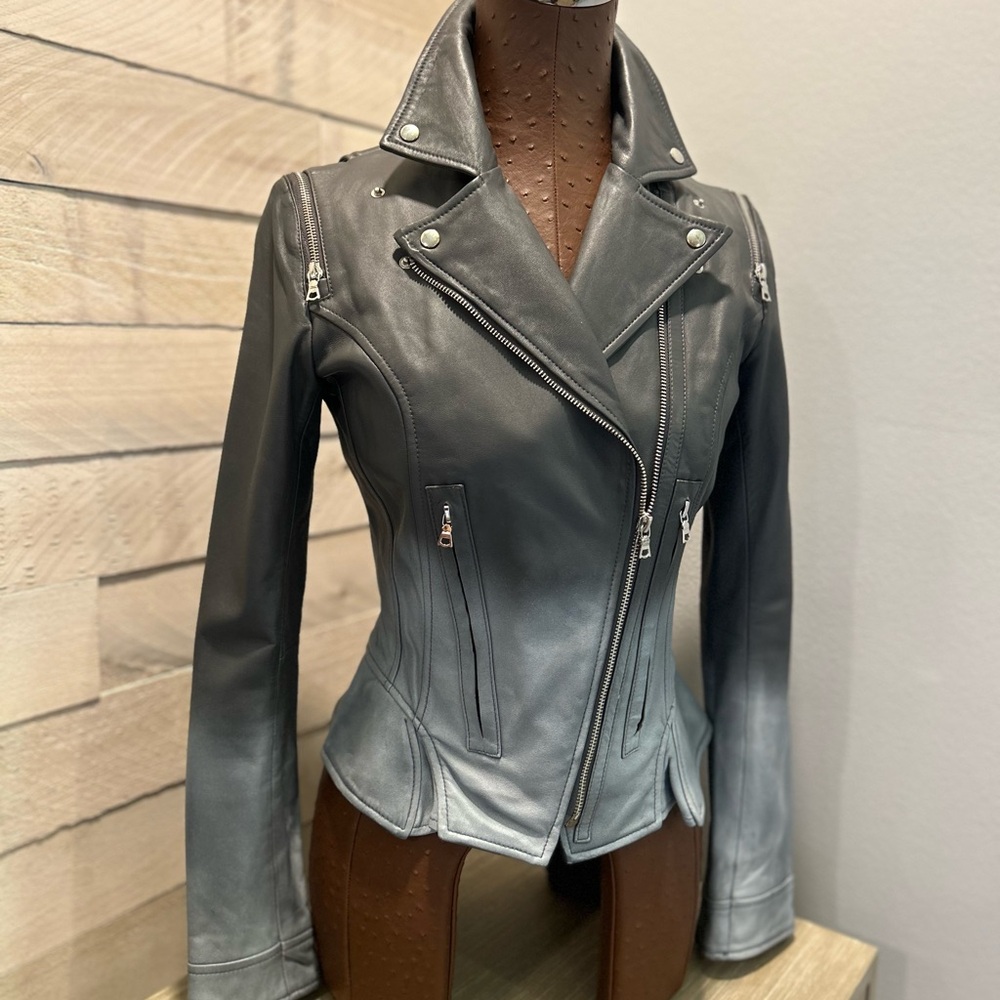 Zac Posen Moto Leather Jacket Grey Ombré Size 2